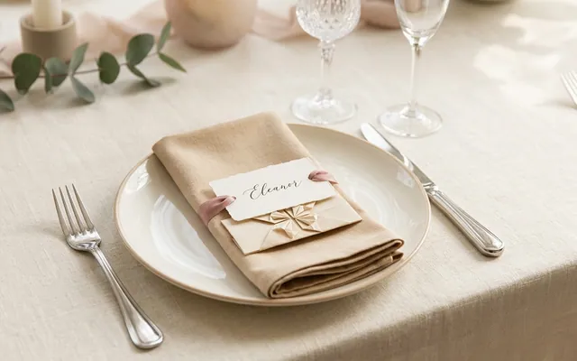 elegancko nakryty stół weselny z talerzem, sztućcami i winietką